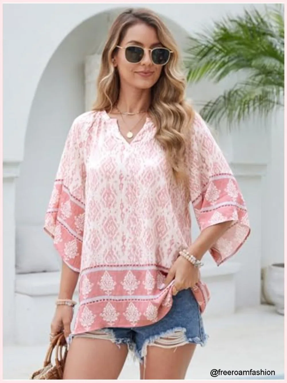 Women's Boho V-Neck 3/4 Bell Sleeve Tunic Blouse Loose Fit Peasant Top